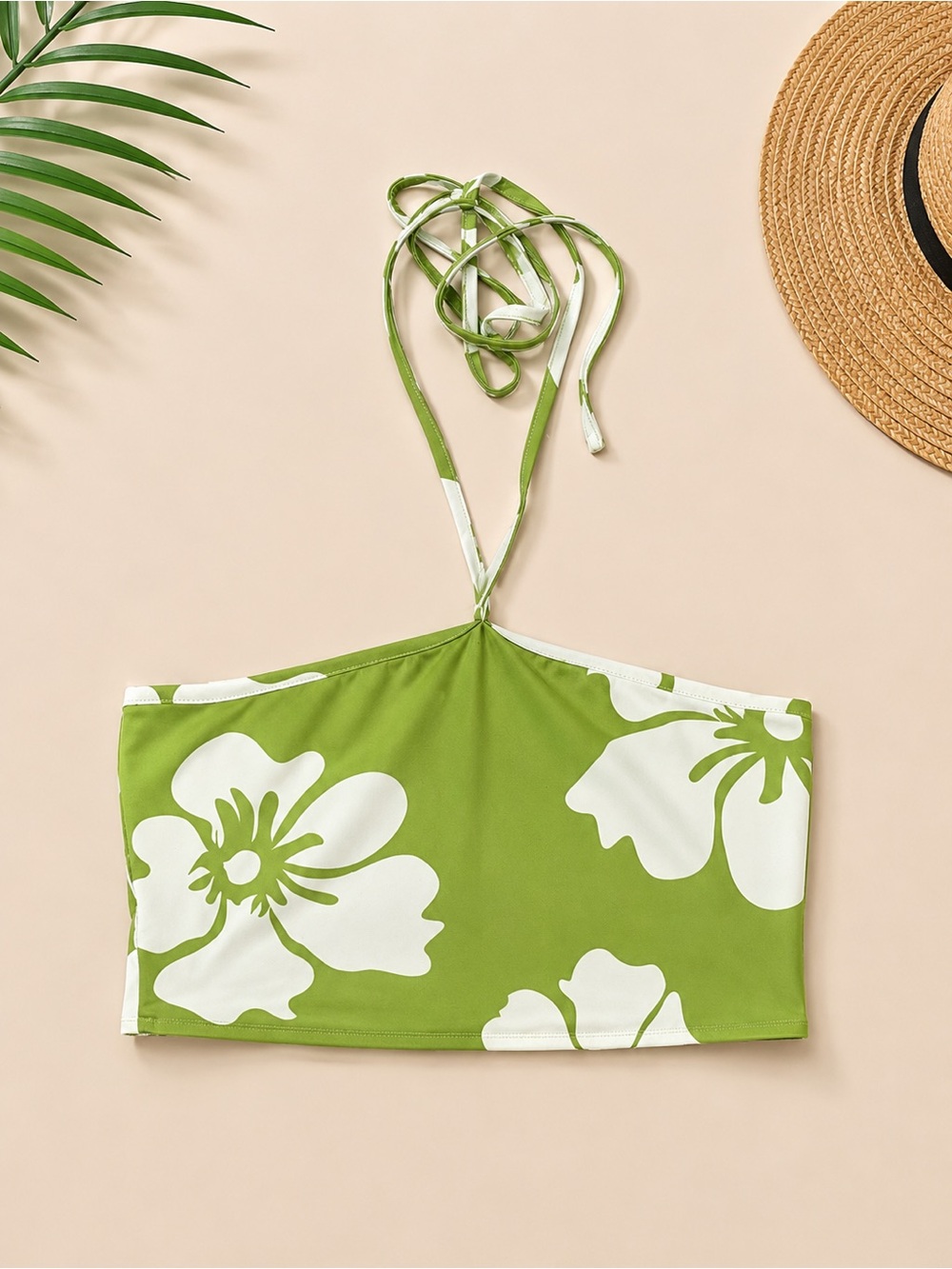 SHEIN Green and White Floral Halter Crop Cami